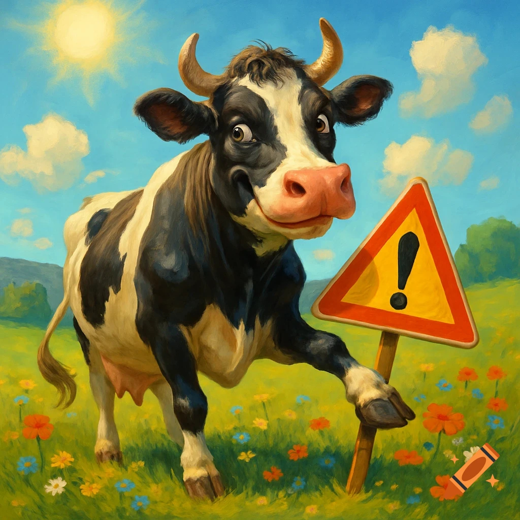 A black and white cartoon cow holds a yellow warning sign with an exclamation mark in a sunny field of colorful flowers, in a painted illustration style.