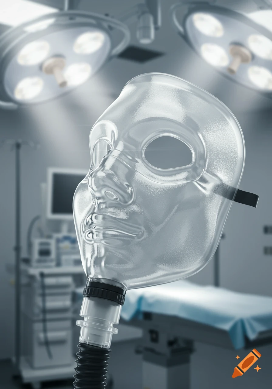 A translucent anesthesia mask with a corrugated tube stands in a brightly lit operating room with surgical lights.