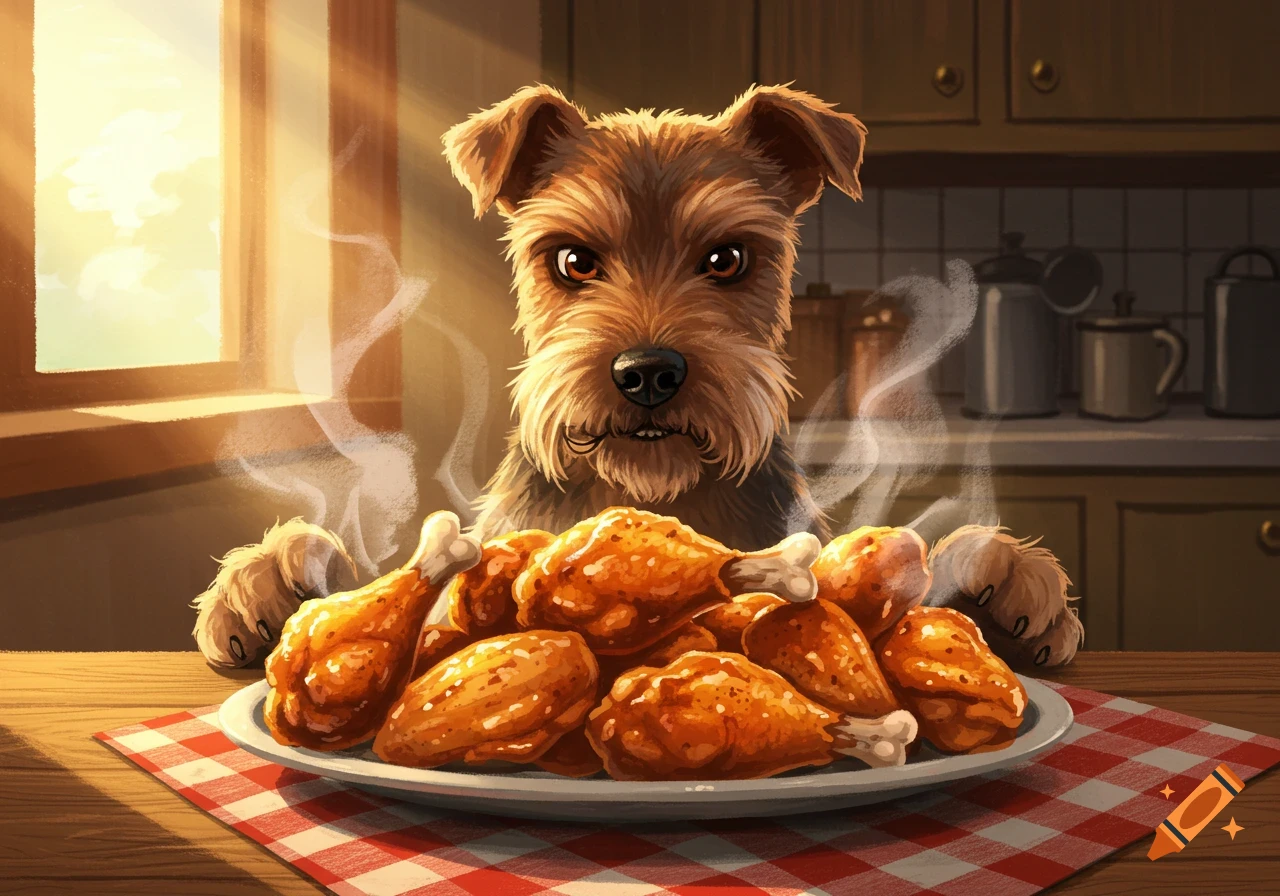 An illustration of a brown terrier dog eagerly looking at a steaming plate of fried chicken on a checkered tablecloth in a sunlit kitchen.