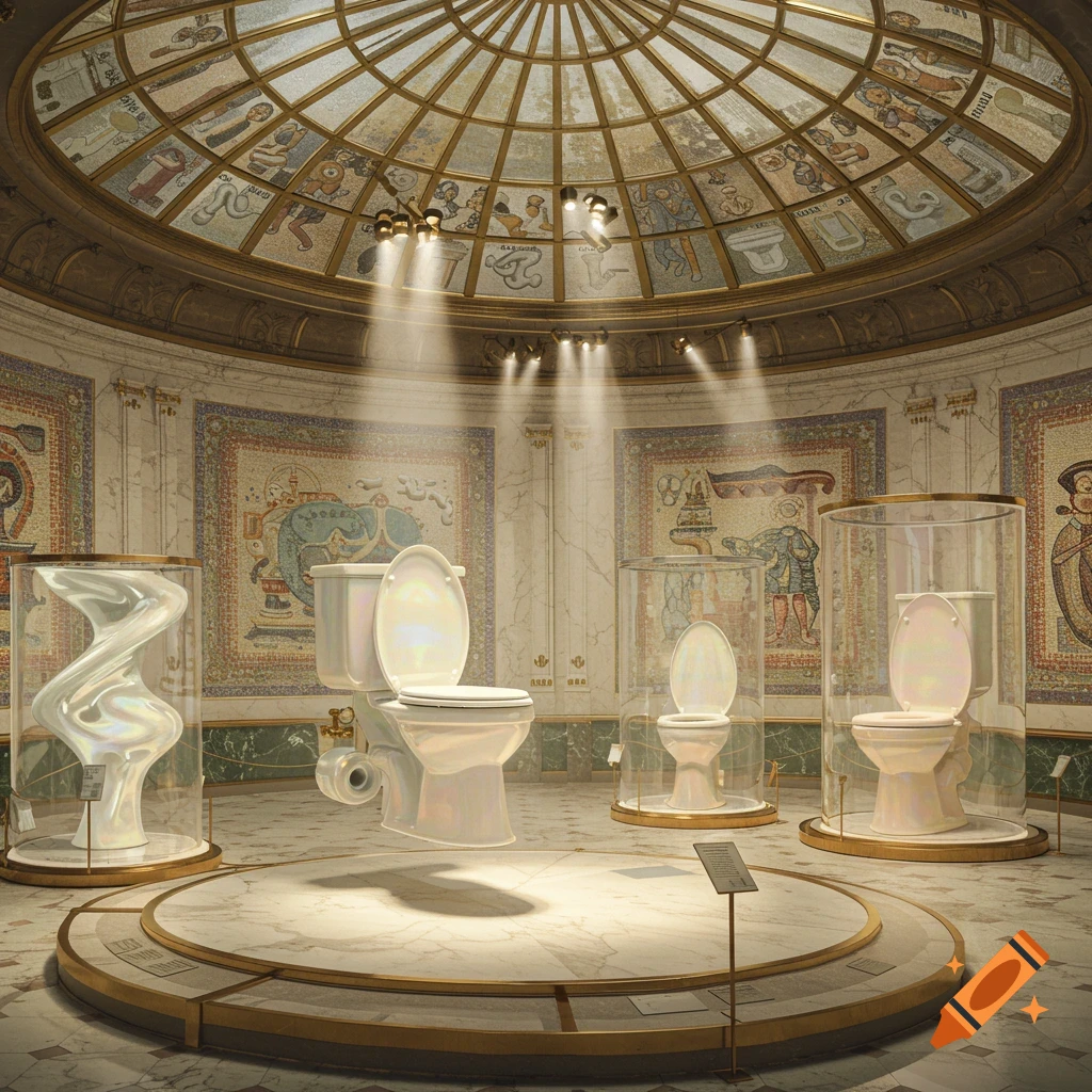 A grand, circular museum hall with a mosaic domed ceiling showcases several artistic and impossible toilets on pedestals, illuminated by spotlights.