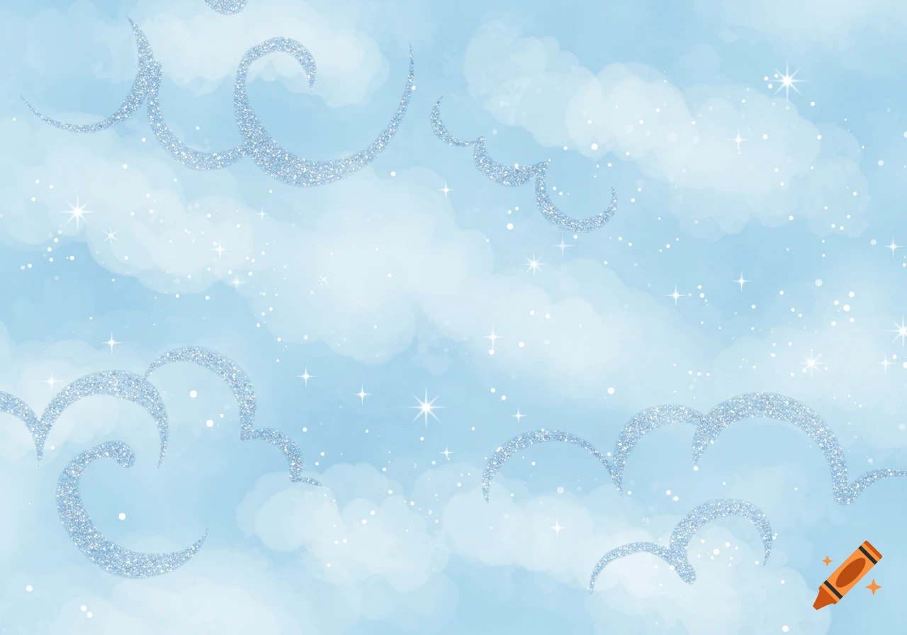 A light blue background with soft white clouds, twinkling stars, and glittery silver-blue swirls.
