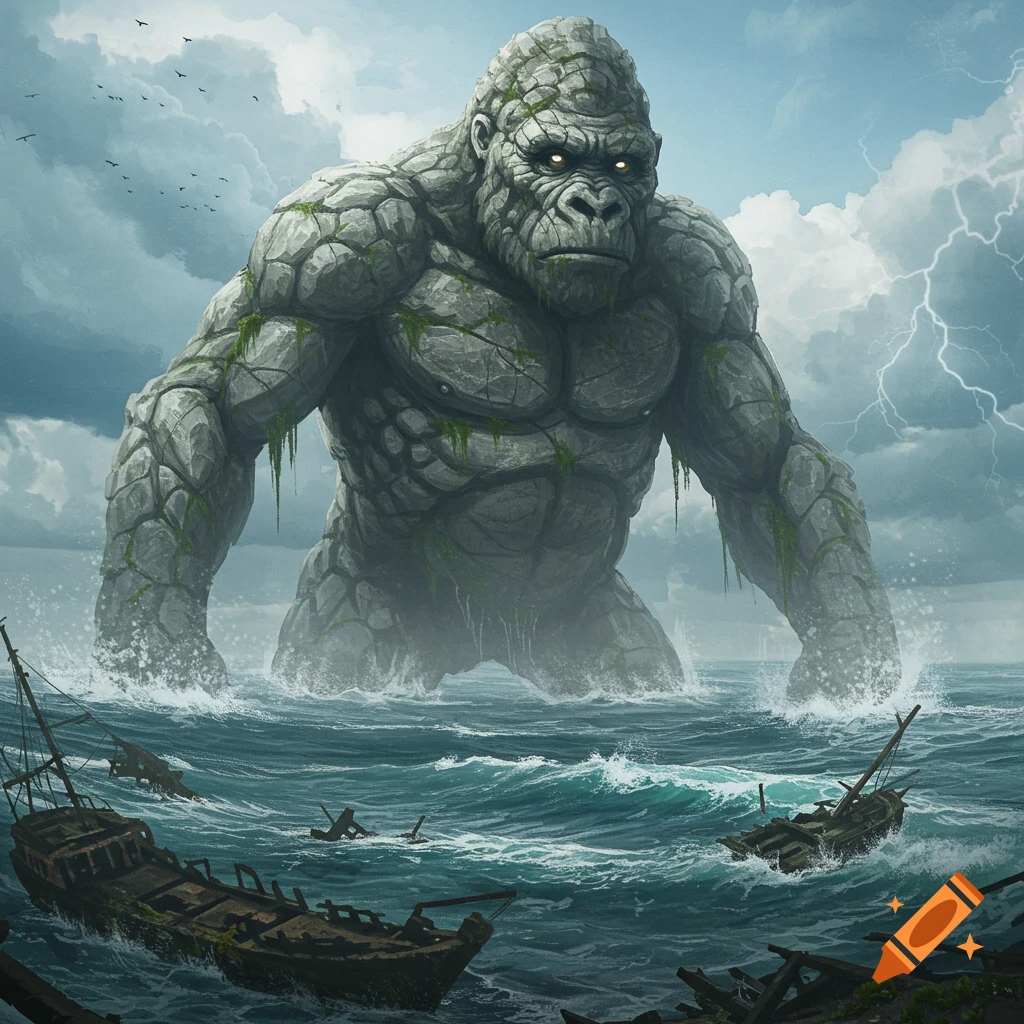 A colossal rock gorilla monster with glowing eyes stands in a stormy sea, surrounded by broken shipwrecks and lightning.