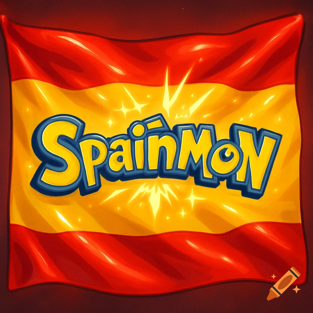 A Spanish flag with the word 'SpainMon' in a yellow and blue Pokemon-style font.