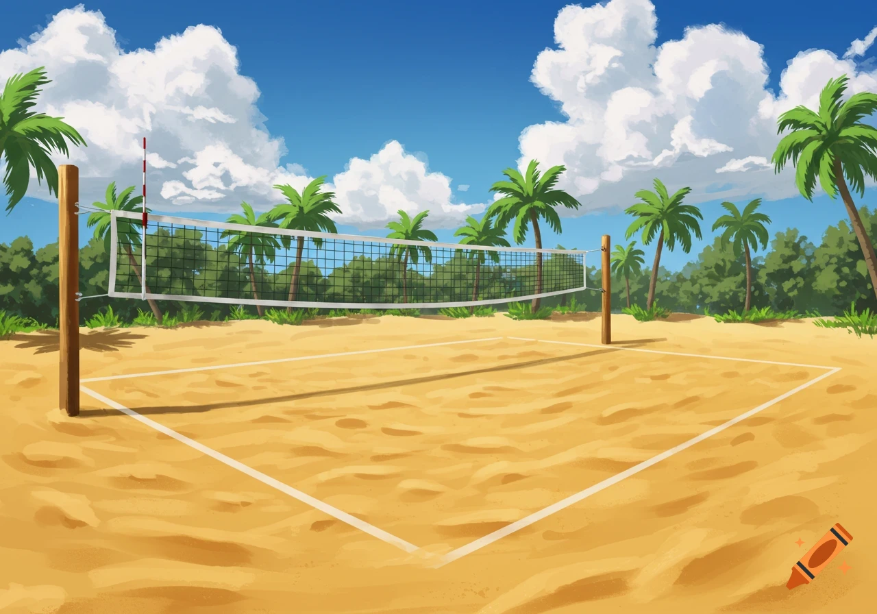 An illustrated beach volleyball court with palm trees under a blue sky.