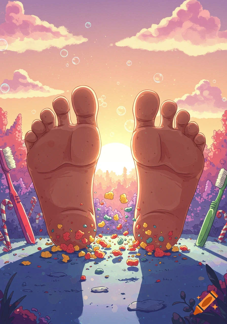 Giant bare feet stand on colorful food pieces in a whimsical, cartoon sunset landscape with oversized toothbrushes and candy canes.