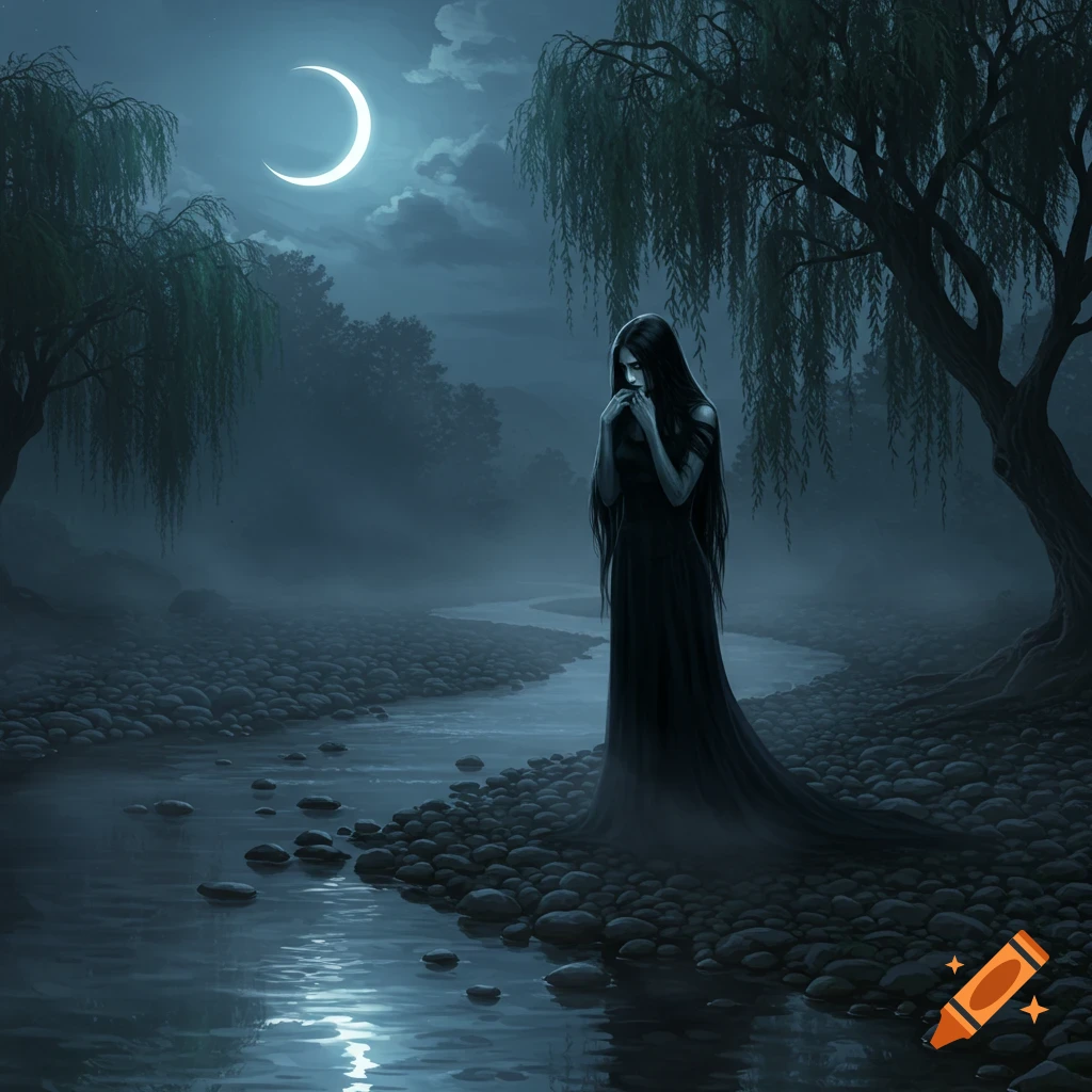 A ghostly woman in a long black gown stands by a misty river under a crescent moon at night.