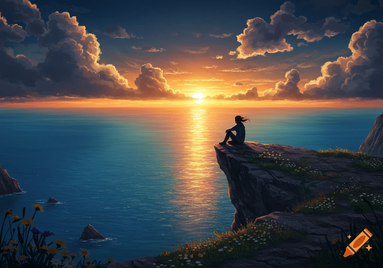A lone figure sits on a cliff overlooking a vast ocean during a vibrant sunset in a digital art style.