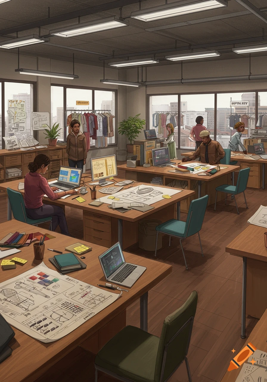 People work in a vibrant design studio with desks, computers, sketches, and clothing racks in a stylized illustration.