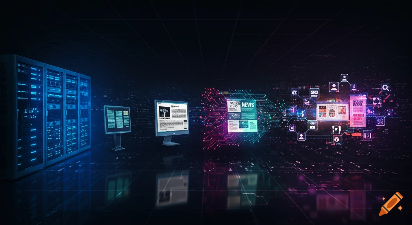 A futuristic depiction of intranet evolution, showing blue server racks, a monitor with a webpage, a digital news page with circuits, and social media icons with digital content, all glowing in blue, pink, and purple against a dark background.