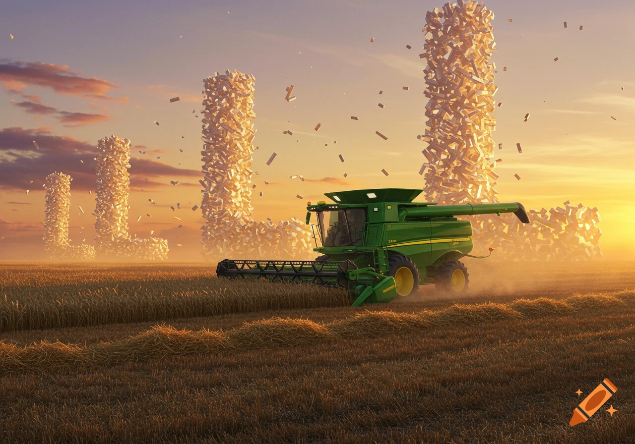 Green John Deere combine harvests in a golden field at sunset. Three large, glowing letter 'L' shapes rise from the distant field.