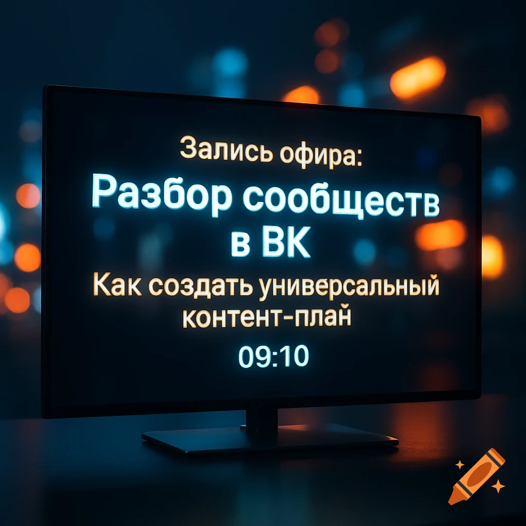 A monitor displaying glowing Russian text about content planning against a blurred bokeh background.