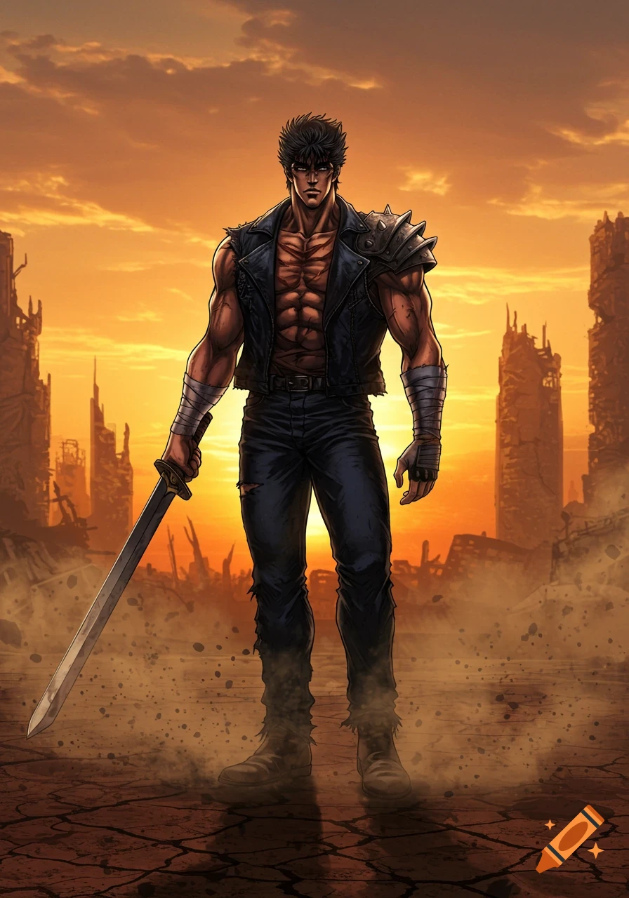Muscular man resembling Kenshiro with a sword stands in a post-apocalyptic wasteland at sunset, anime style.