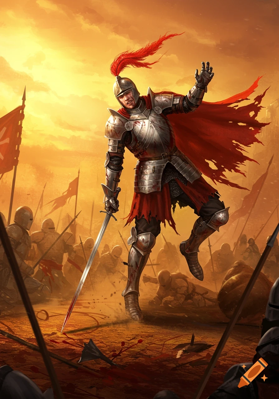 A knight in shining armor and a red cape stands on a bloody battlefield amidst fallen soldiers at sunset, sword in hand. Fantasy art.