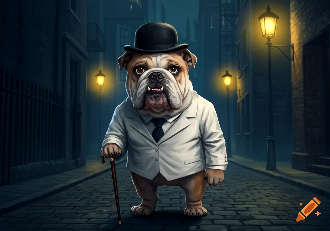 A digitally painted English bulldog in a white suit, black tie, and bowler hat holds a cane on a dark cobblestone street.