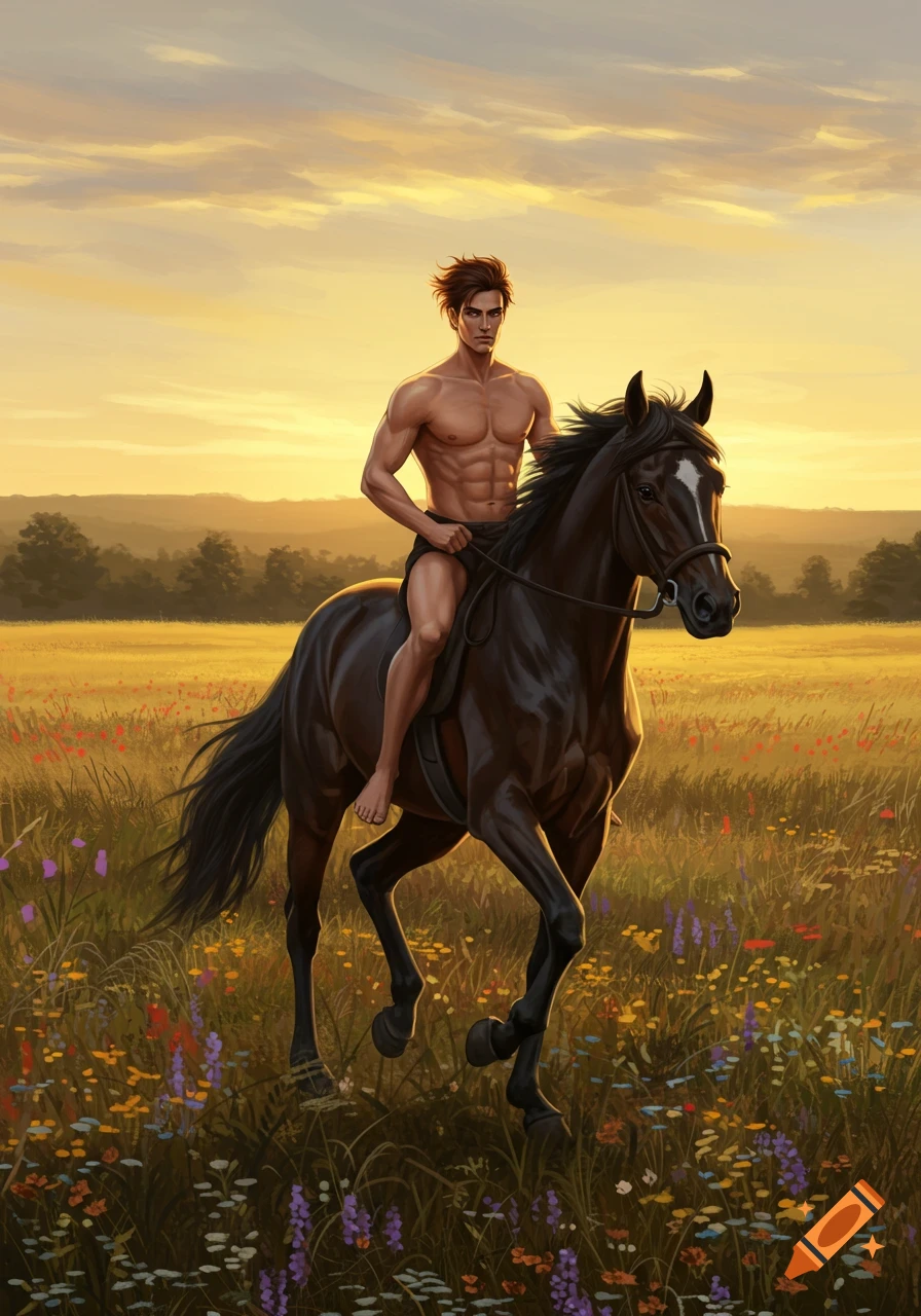 Digital painting of a shirtless man riding a dark horse through a vibrant, flower-filled field at sunset.