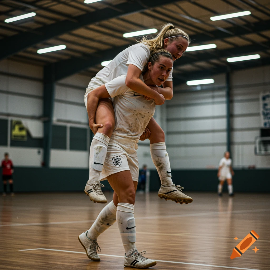 Two female indoor soccer players, one carrying an injured teammate on her shoulders, wearing white uniforms on a wooden court.