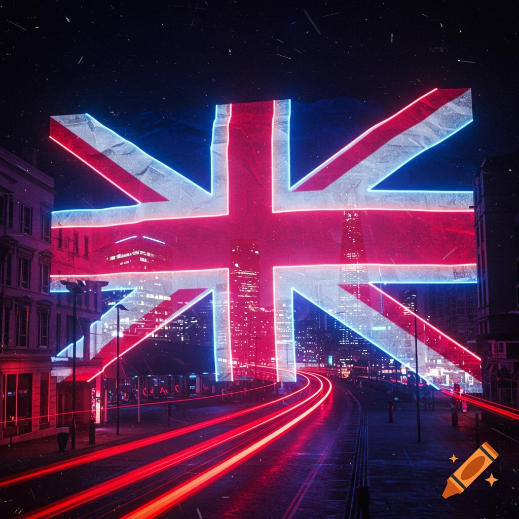 A giant, neon-lit Union Jack flag superimposed over a futuristic city at night, with red light trails from traffic.