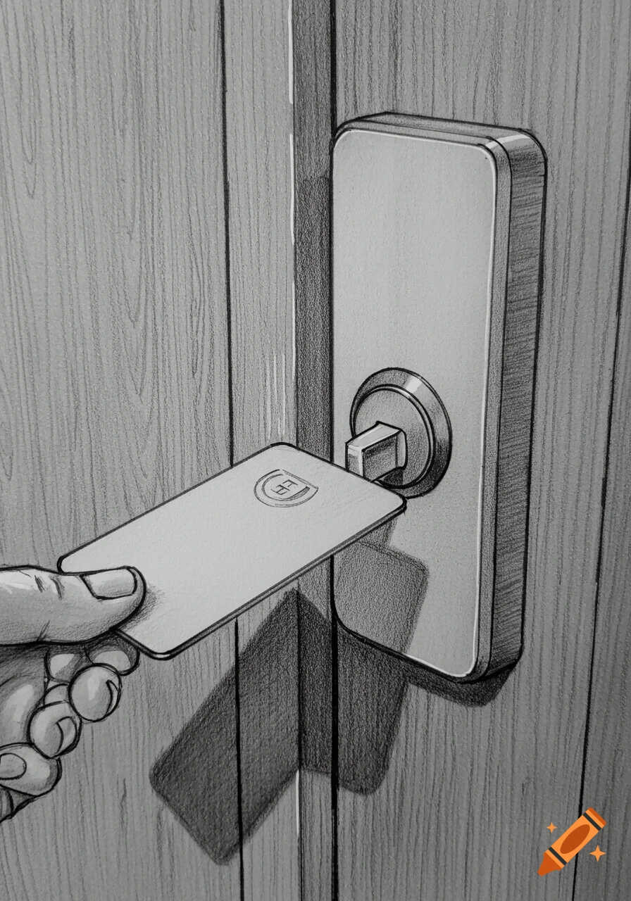 Pencil sketch of a hand inserting an RFID key card into a hotel door lock.