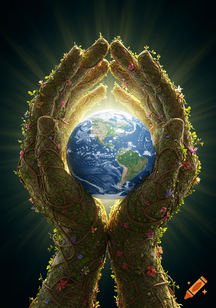 Root-like hands covered in foliage and flowers gently cradle a glowing Earth against a dark, radiant background.