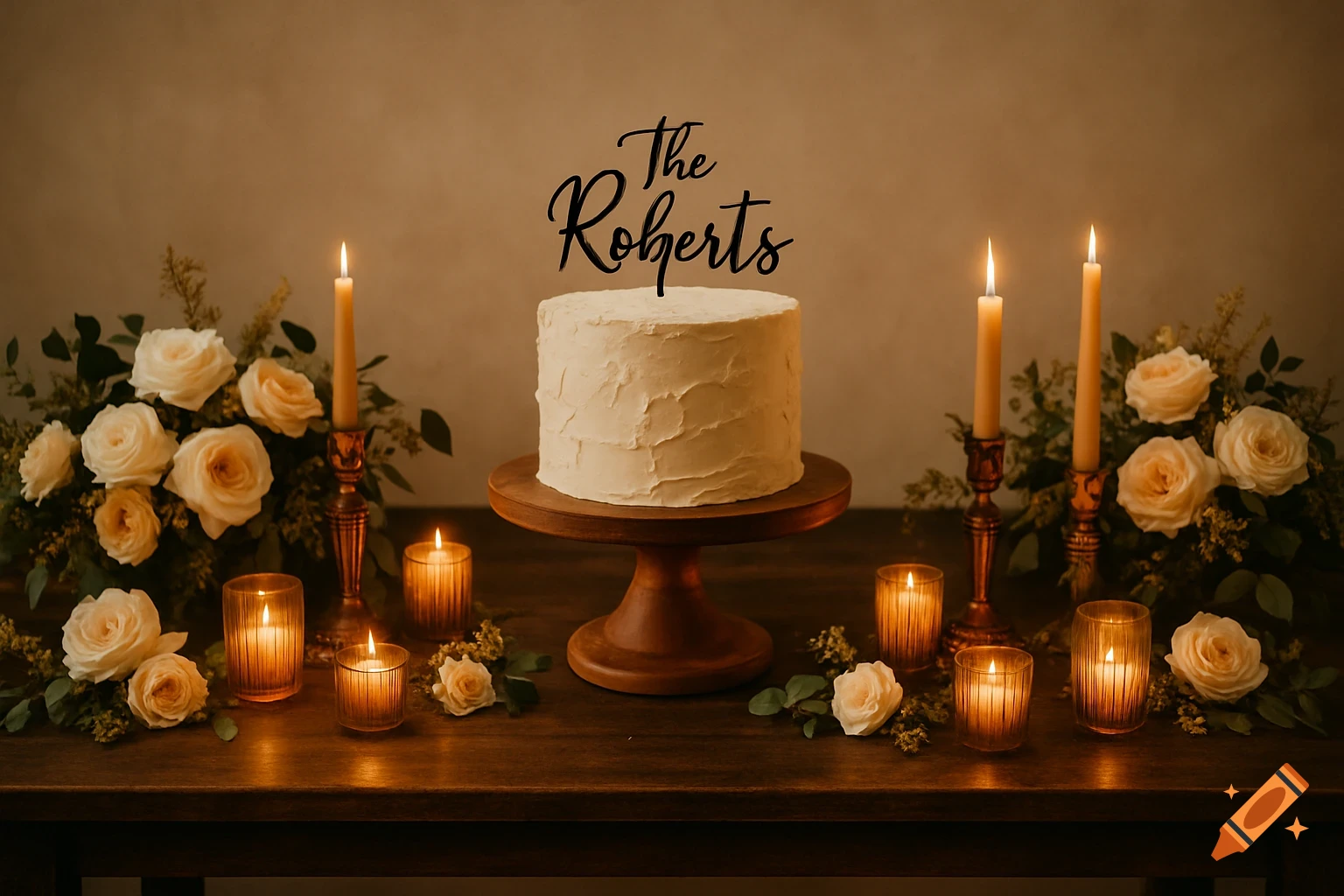 Rustic wedding cake table with white cake, 'The Roberts' topper, lit candles, and floral arrangements with roses and greenery.