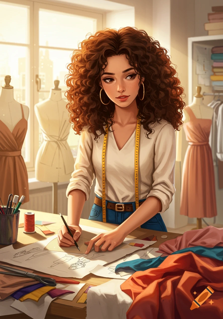 A stylized illustration of a woman with curly brown hair, wearing a measuring tape, drawing fashion designs at a table with fabric scraps and mannequins.