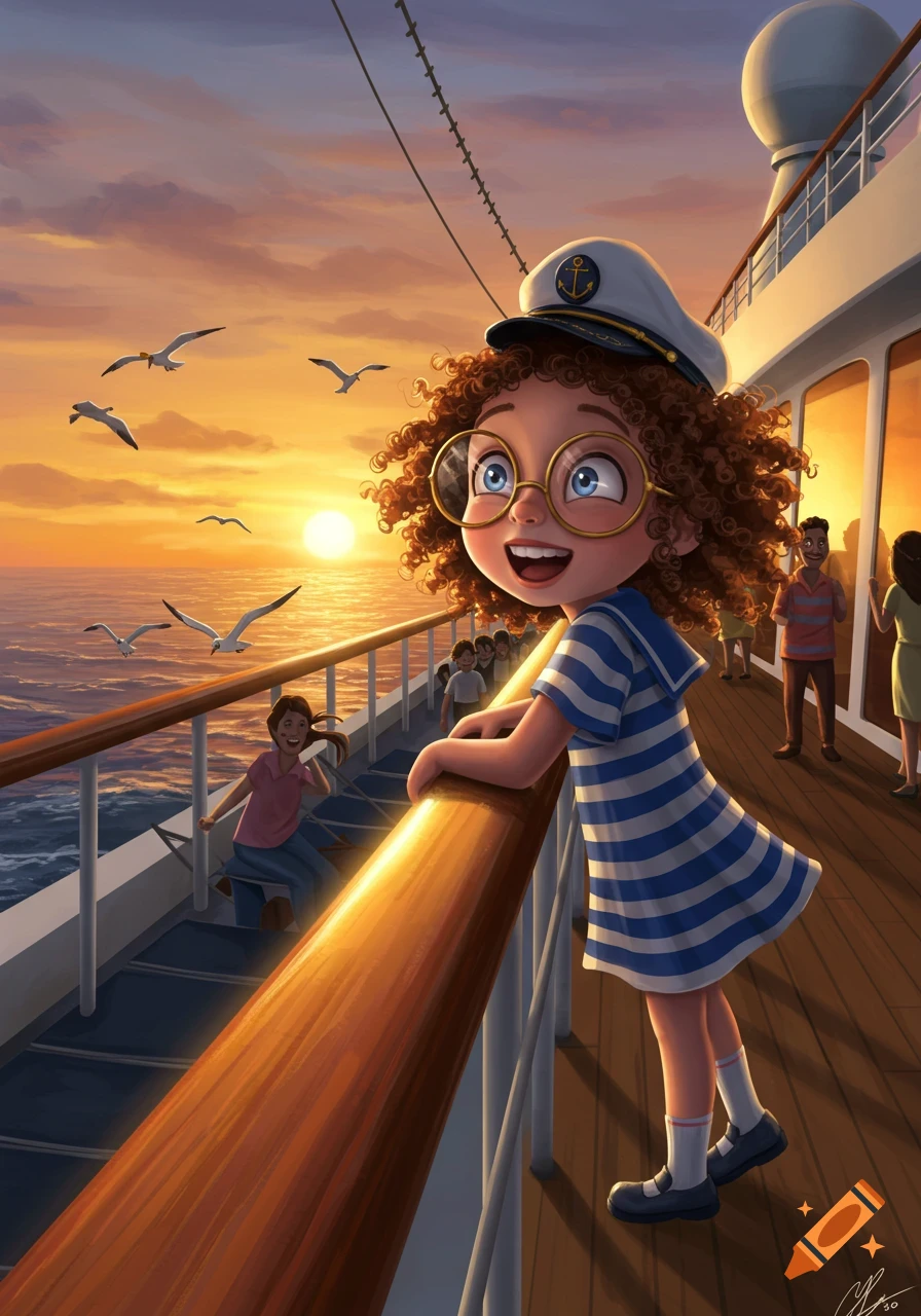 A cheerful cartoon girl in a sailor dress and captain's hat watches a vibrant sunset from a cruise ship, with seagulls flying.