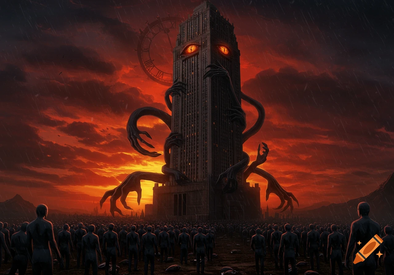 A monstrous skyscraper with glowing red eyes and multiple tentacle-like arms looms over a silent crowd under a fiery red, stormy sky, with a large clock in the background.