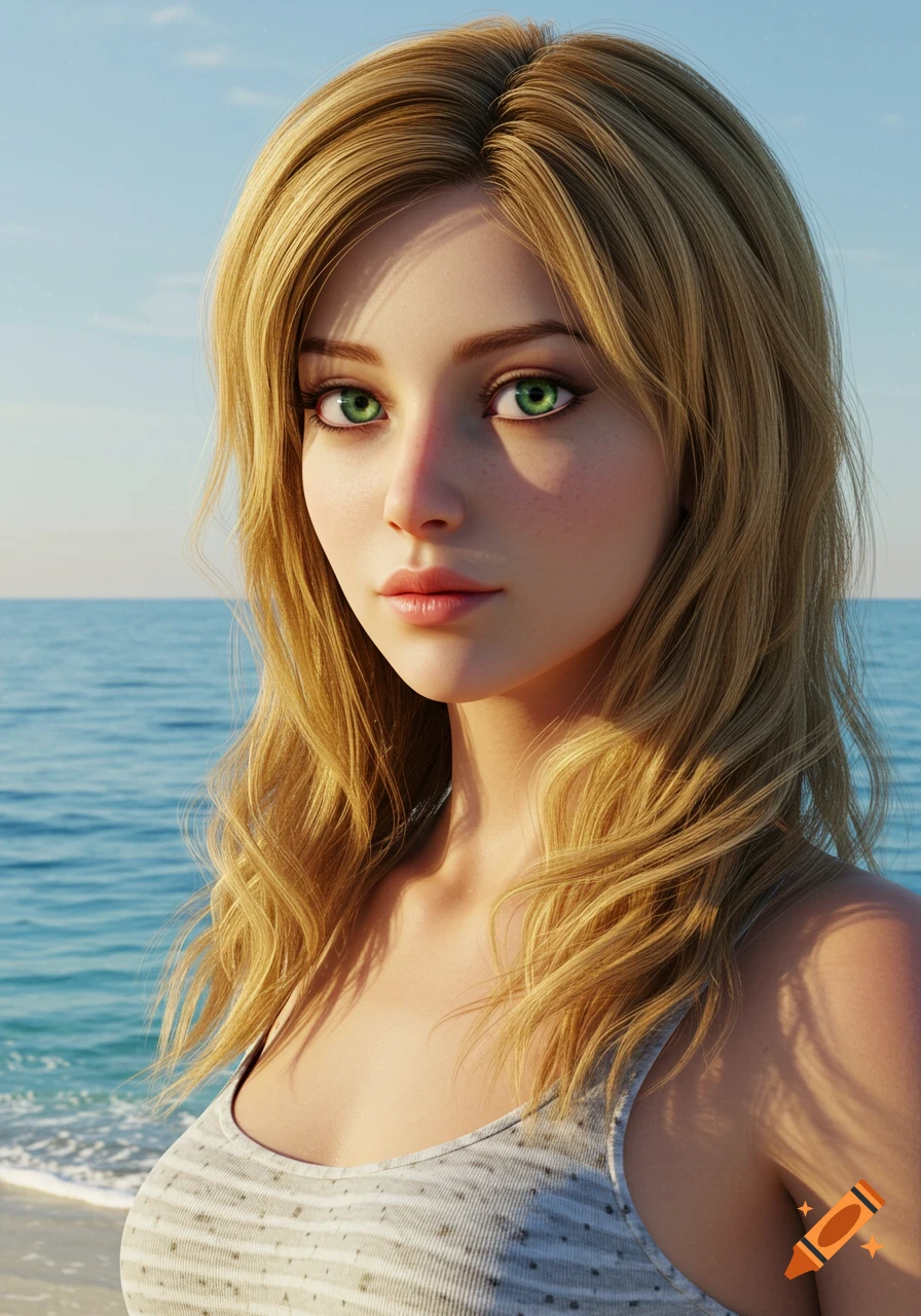 A photorealistic portrait of a blonde woman with green eyes on a sunny beach.