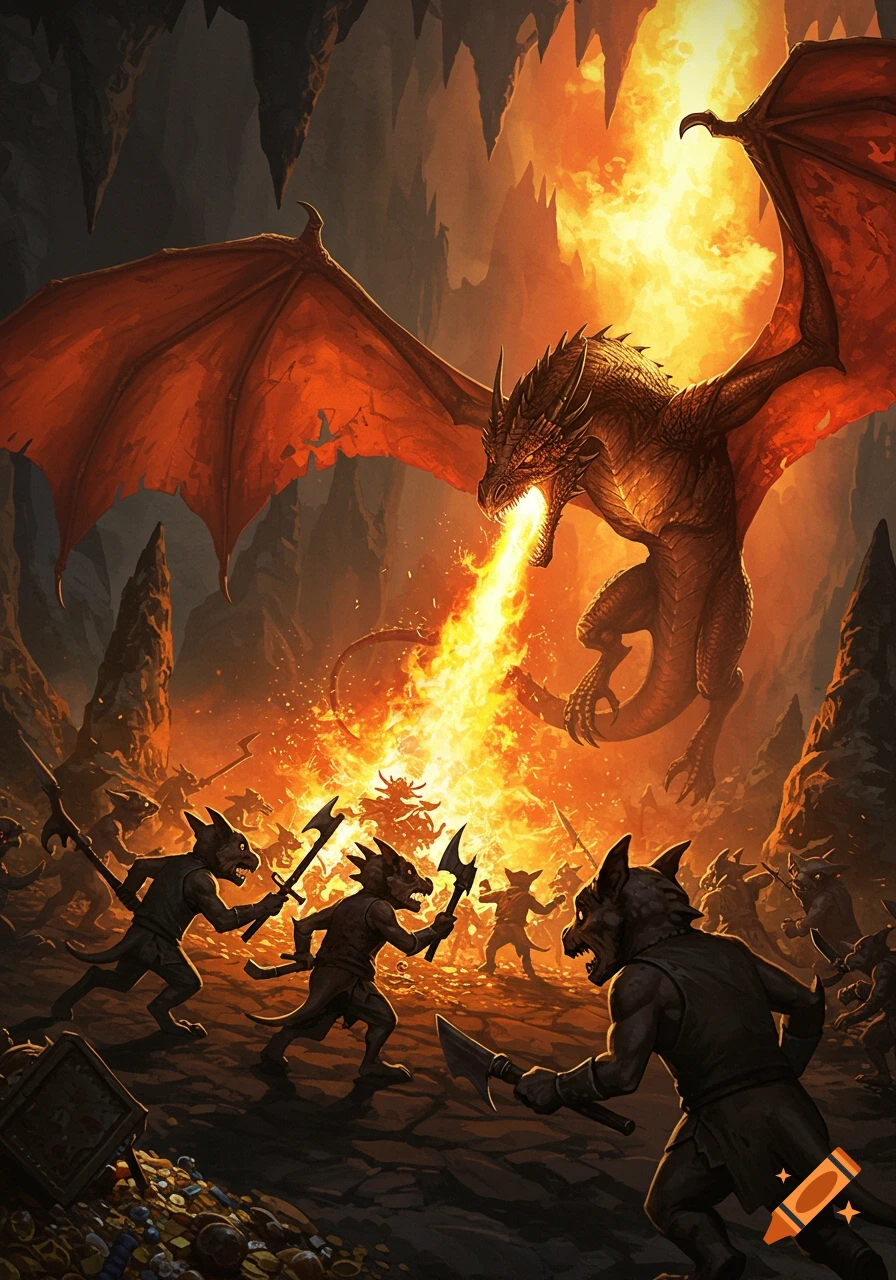An epic fantasy illustration of a large red dragon breathing fire on a horde of kobolds in a dark cave.