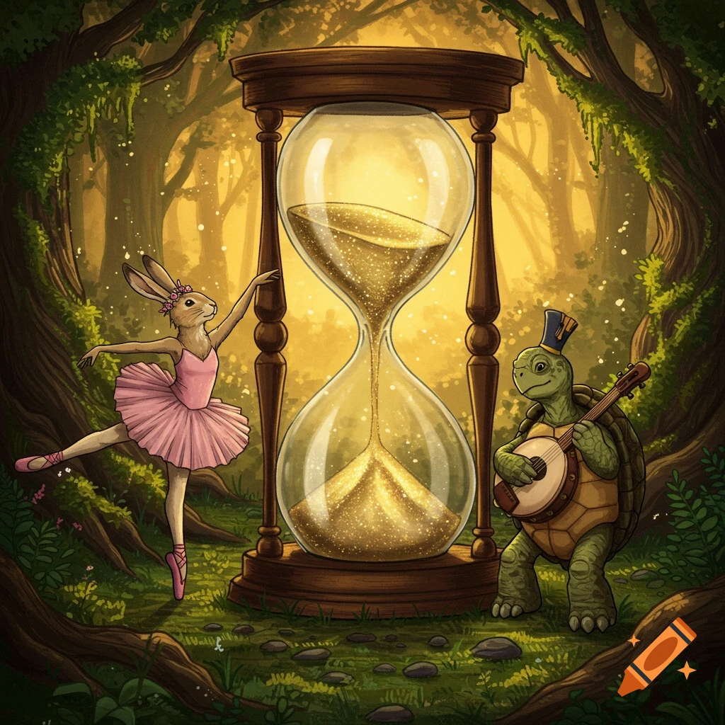 A fantasy illustration of a ballet-dancing hare and a turtle playing a banjo next to a large hourglass with golden sand in a magical forest.