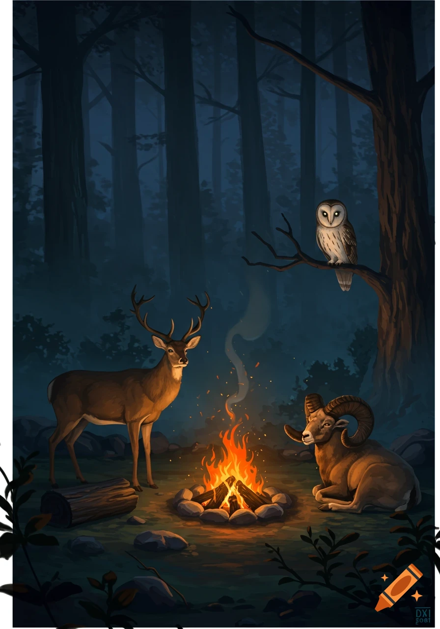 A digital painting shows a deer, a ram, and an owl gathered around a glowing campfire in a dark, misty forest at night.