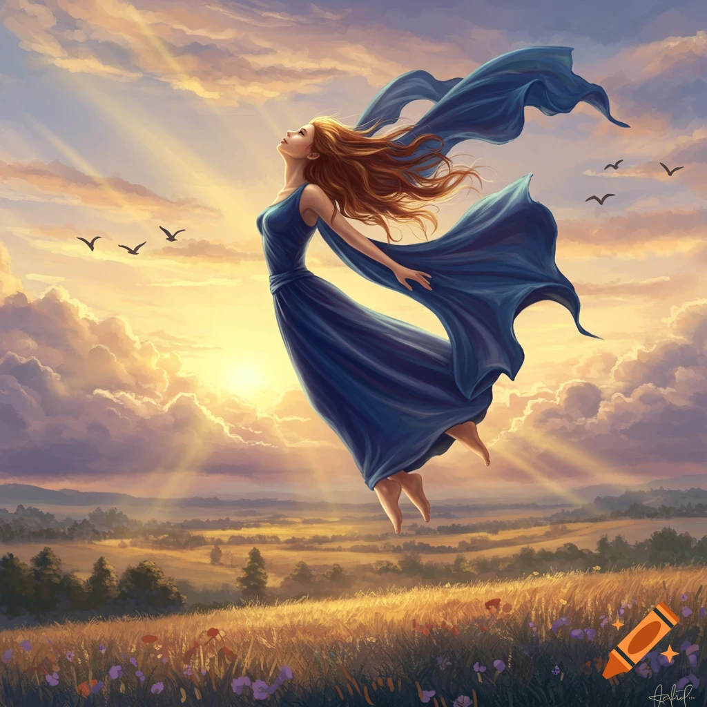 A woman in a flowing blue dress floats upwards into a golden sunset sky above a field of flowers, birds fly in the distance. Digital art.