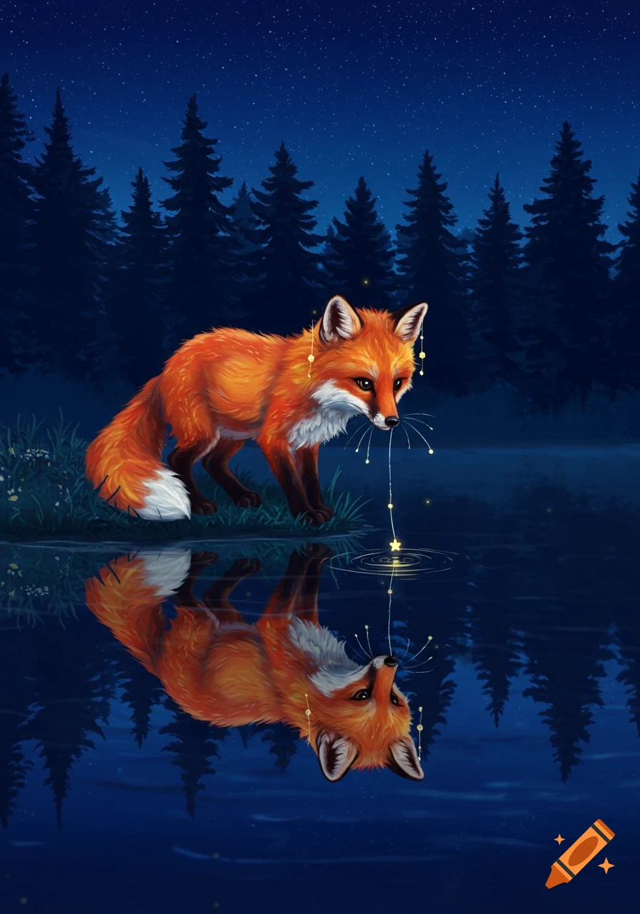 A whimsical illustration of a red fox by a lake at night, catching a falling star, its reflection visible in the water.