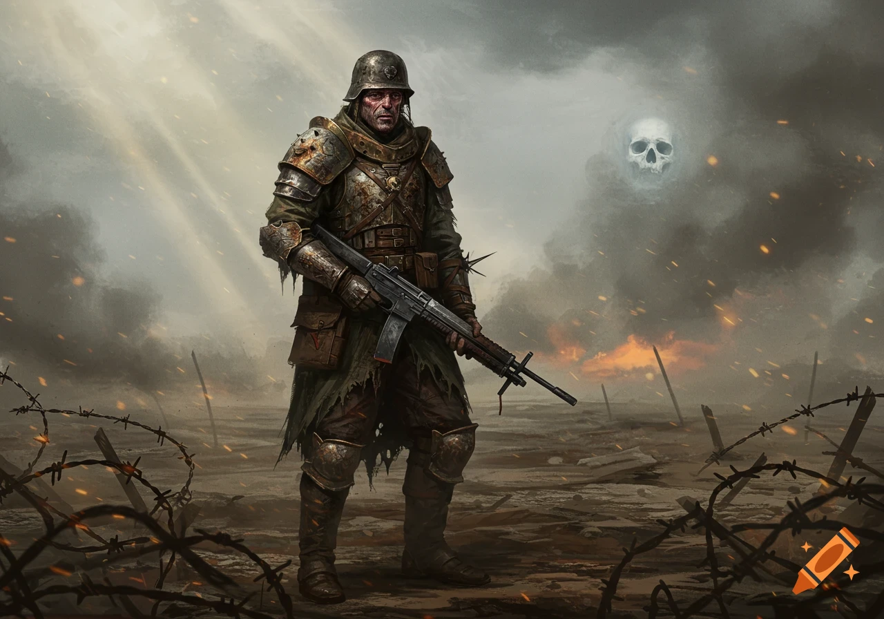 A gritty soldier in worn armor holds a rifle on a desolate, smoky battlefield with barbed wire and a floating skull.