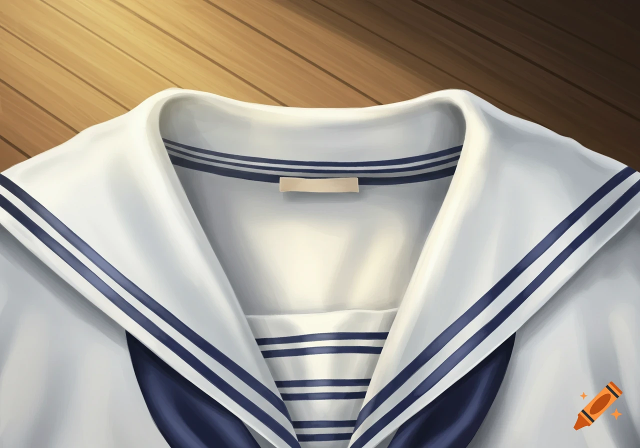 A white sailor shirt with a blue-striped collar, viewed from above looking down into the neck hole, resting on a wooden surface.