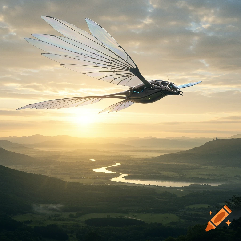 A sleek, futuristic ornithopter with translucent wings soars over a verdant valley with a winding river, bathed in golden sunset light.