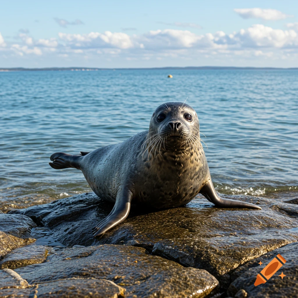 A photorealistic image of a young seal resting on wet rocks at the edge of the ocean, looking directly at the viewer.