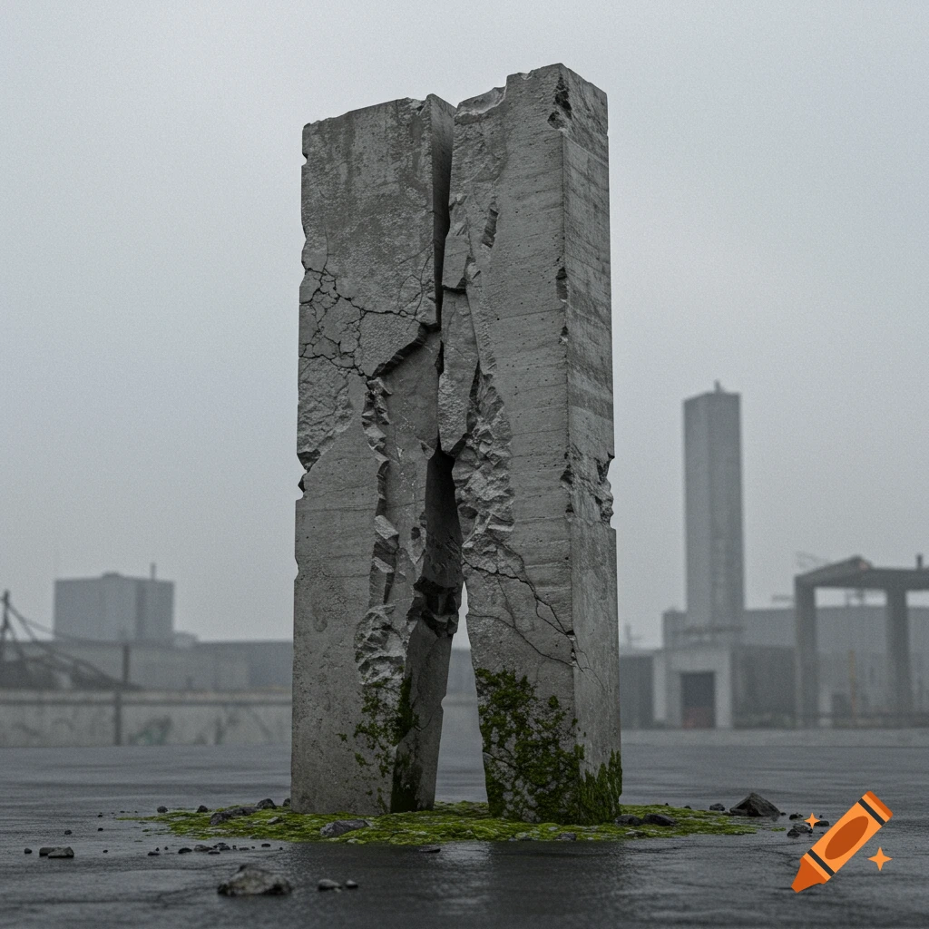 A tall, cracked concrete block split in half with moss at its base, on wet ground in a desolate industrial setting.