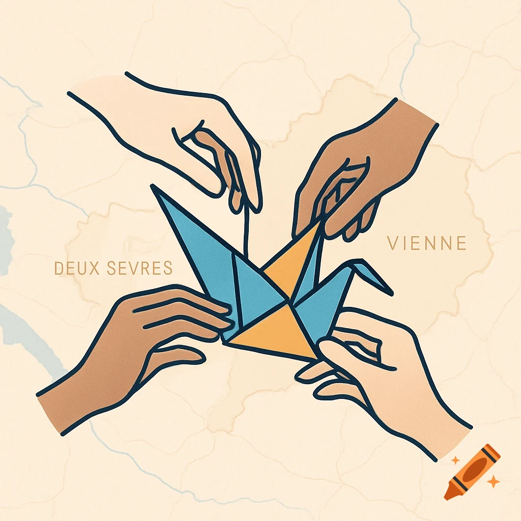 Illustration of four hands making a blue and orange origami crane on a map background with 'DEUX SEVRES' and 'VIENNE' text.