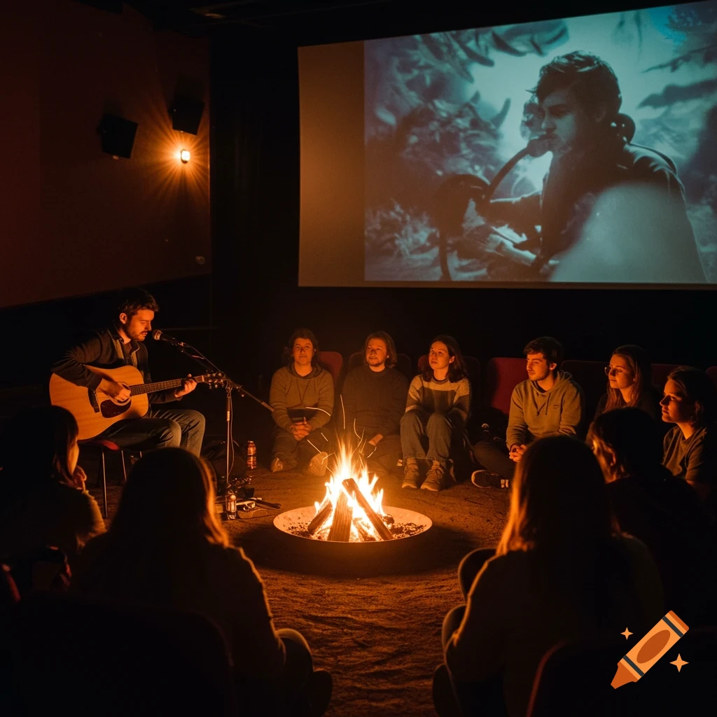 A man plays acoustic guitar for people around a campfire in a dimly lit room with a movie on a screen.