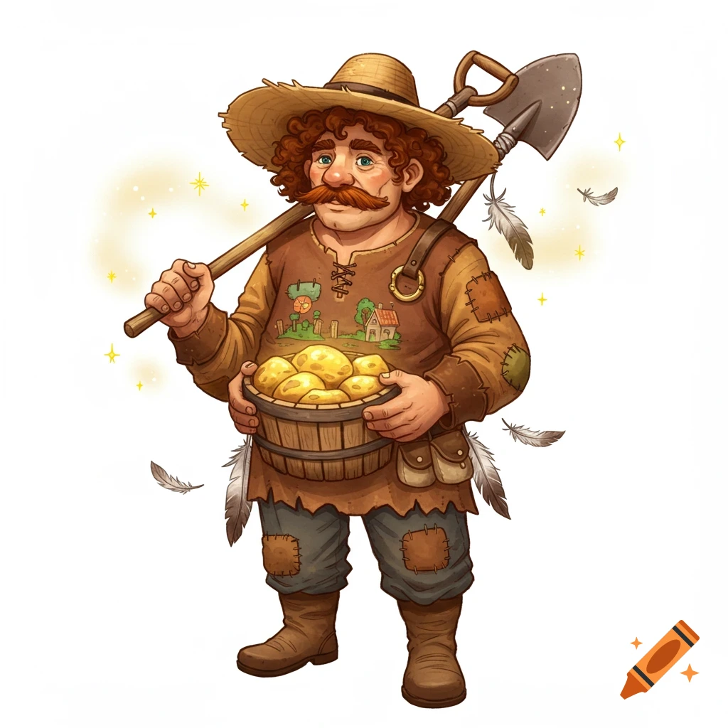 A cartoon fantasy farmer with a straw hat, red curly hair, and a mustache, holding a basket of potatoes and a shovel over his shoulder.