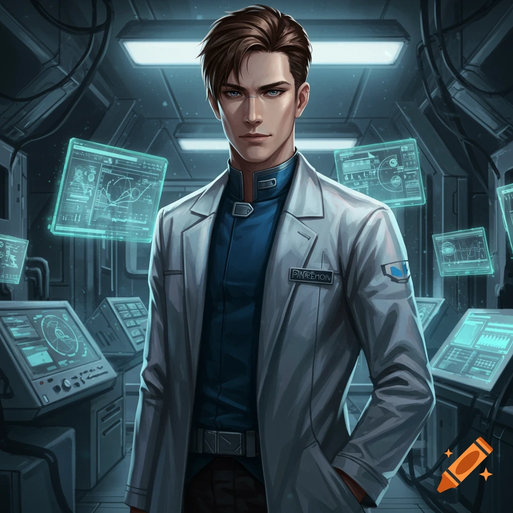 Anime-style man with brown hair in a lab coat stands in a futuristic lab with holographic screens.