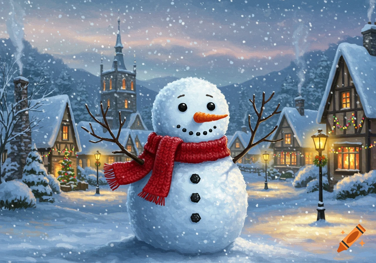 A cute snowman with a red scarf stands in a snowy fairy-tale village with lights and falling snow, illustration.