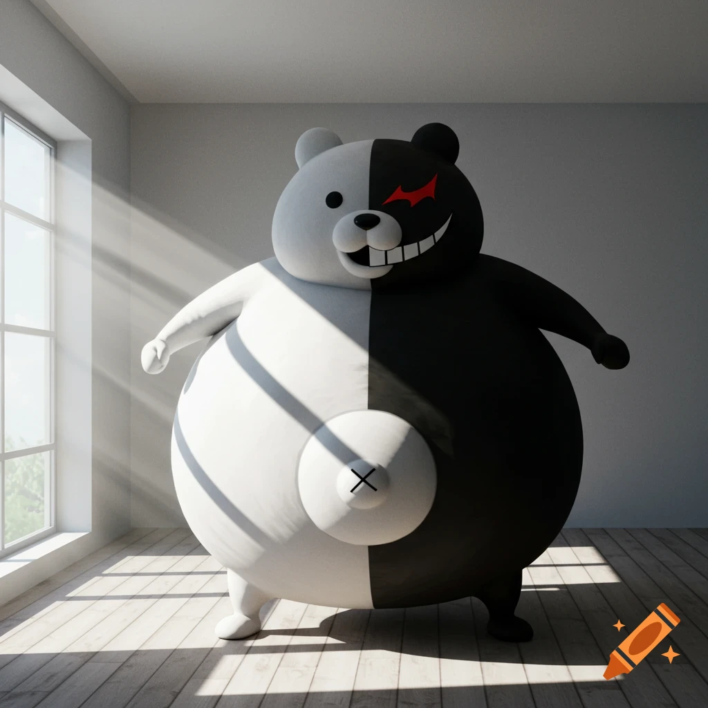 A huge, black and white Monokuma bear with a sinister grin stands in a sunlit, empty room.