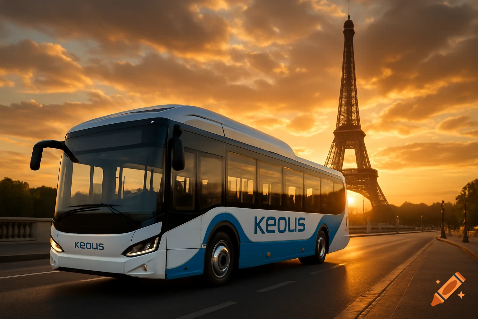 A modern white and blue Keolis bus drives on a road with the Eiffel Tower in the background at sunset, photorealistic style.