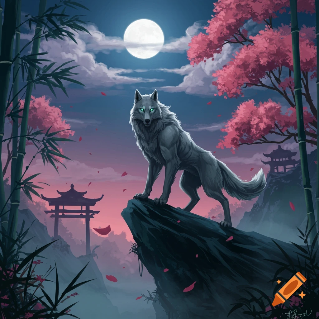 A mystical gray wolf with glowing eyes stands on a rock under a full moon, surrounded by cherry blossom trees, bamboo, and East Asian pagodas at twilight.