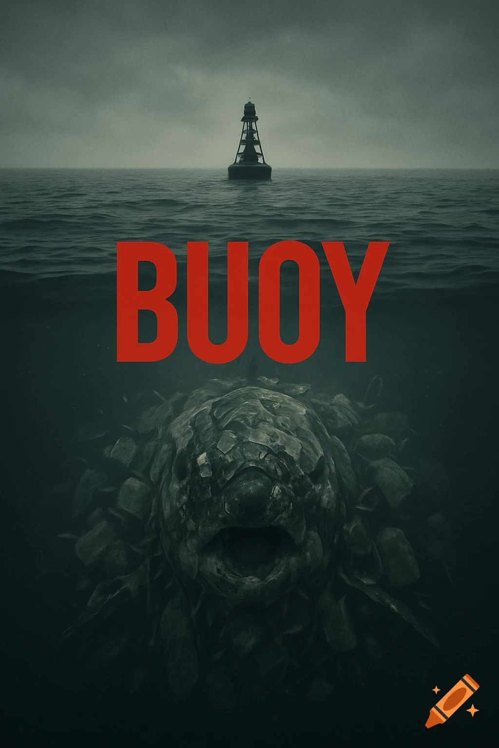 A dark, moody movie poster featuring a bell buoy on a gray, misty ocean and a monstrous, rock-covered creature with an open mouth submerged below the surface. The title "BUOY" is in red letters.