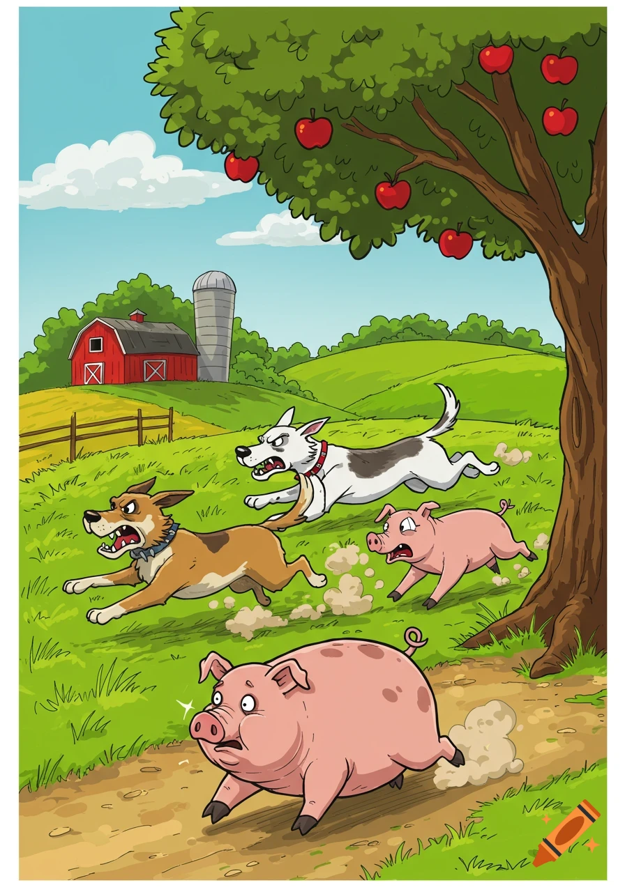 Two angry cartoon dogs chase two scared pigs across a green farm field with a red barn and apple tree.