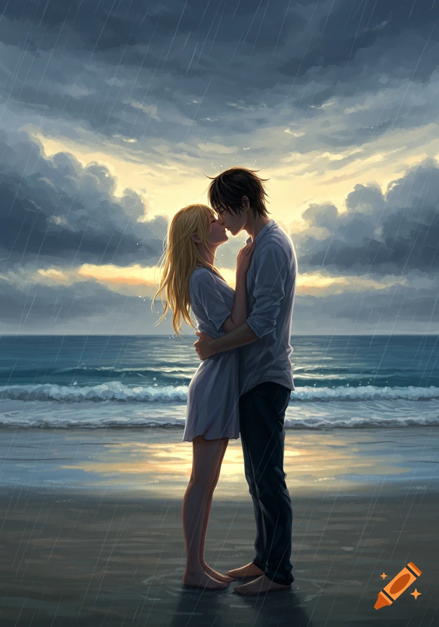 Anime illustration of a blond woman and a dark-haired man kissing on a rainy beach at sunset.