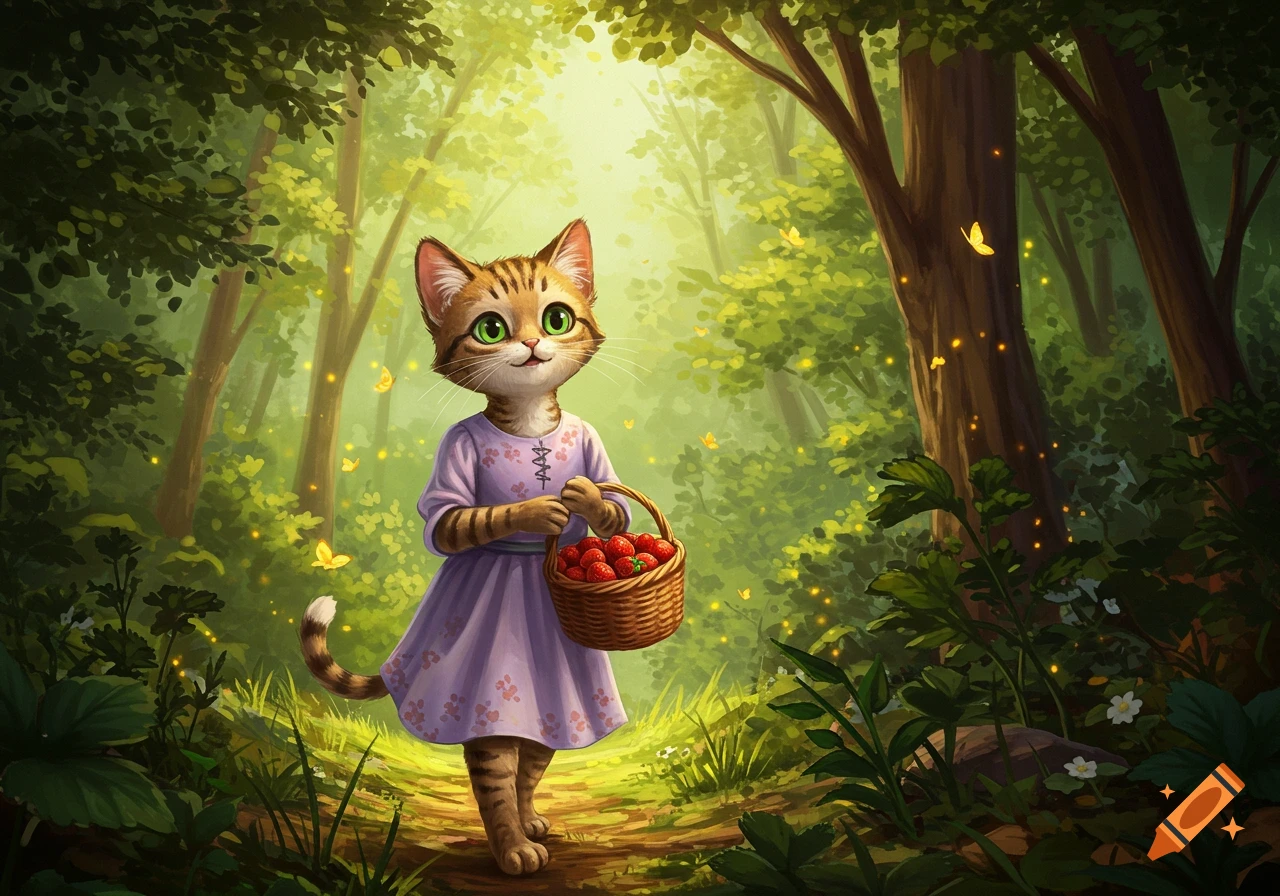 A cute anthropomorphic cat wearing a purple dress walks through a sunlit forest, holding a basket of strawberries.